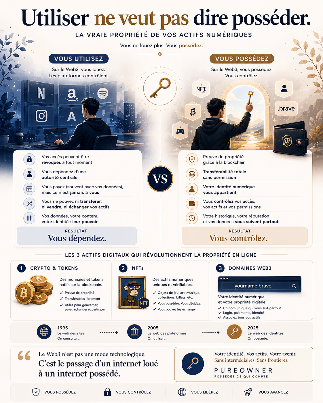 Comparaison visuelle entre utiliser sur le Web2 et posséder sur le Web3, avec les différences de contrôle, transfert et identité.