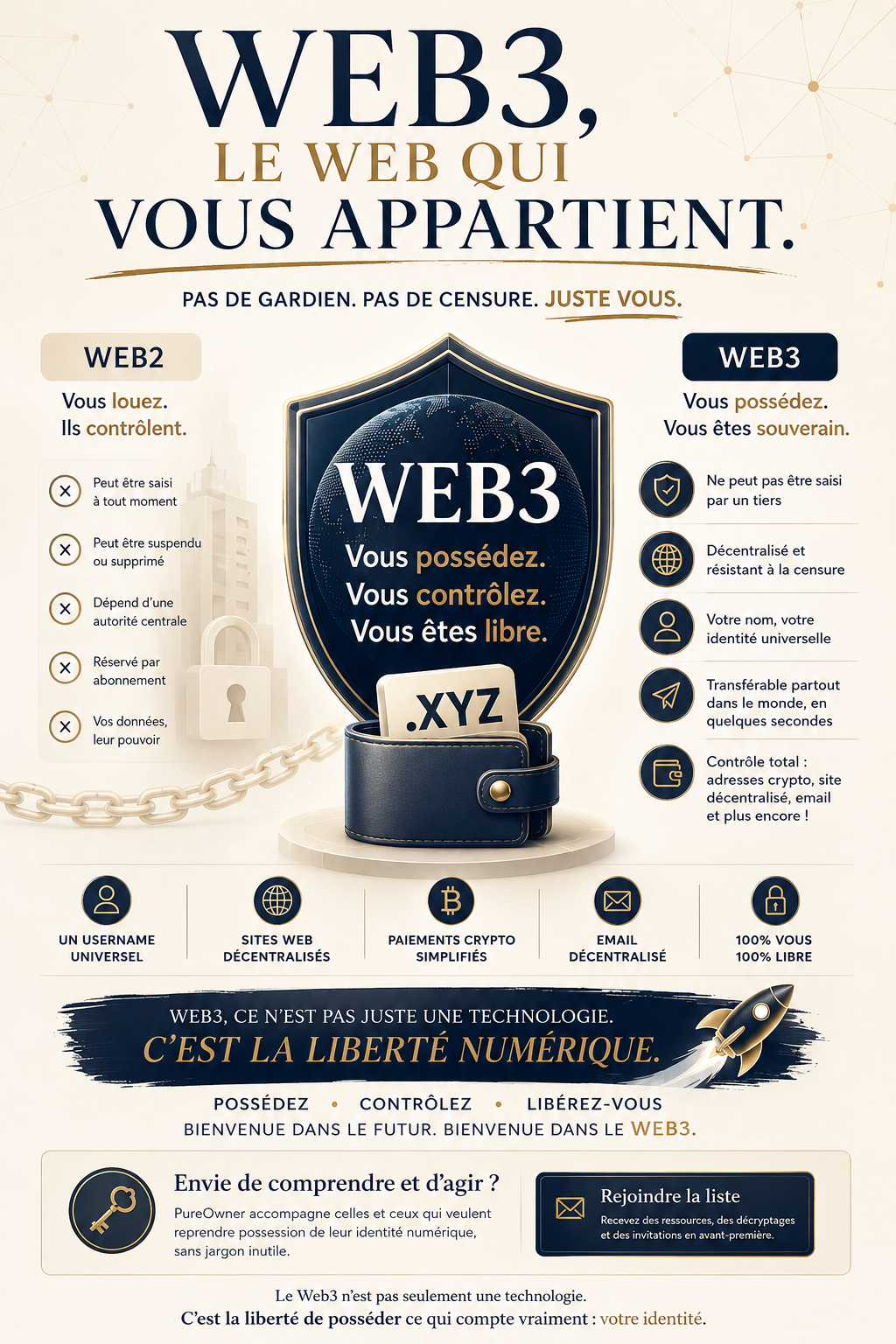 Affiche Web3 le web qui vous appartient, opposant Web2 et Web3 autour de l'identité, des sites décentralisés et des paiements crypto.