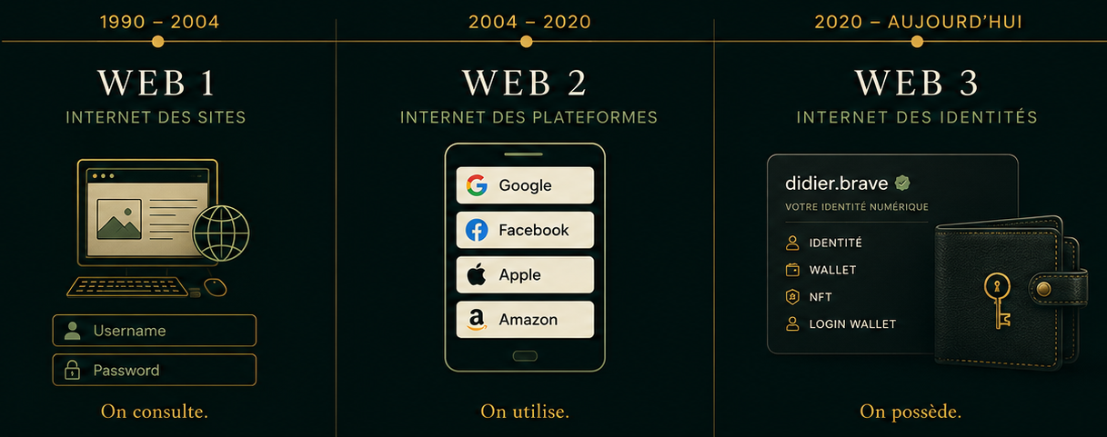 Web 1 internet des sites (on consulte), Web 2 internet des plateformes (on utilise), Web 3 internet des identités (on possède)